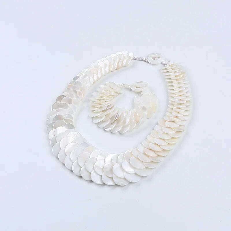 KIMLUD, Natural multi color fish scale shell necklace bracelet fashion statement shell jewelry set, white, KIMLUD Women's Clothes