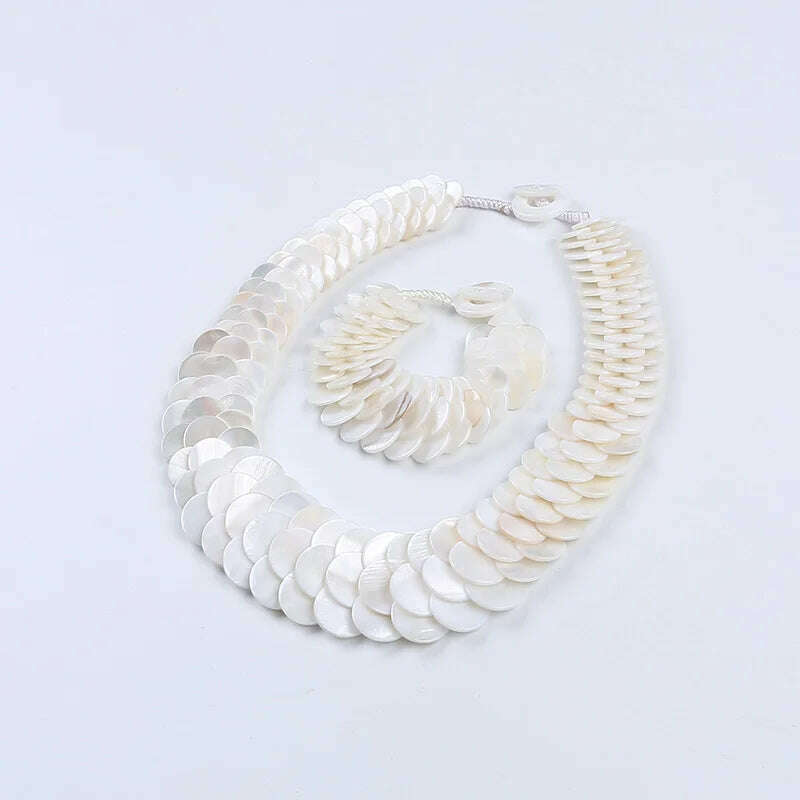 Natural multi color fish scale shell necklace bracelet fashion statement shell jewelry set - KIMLUD