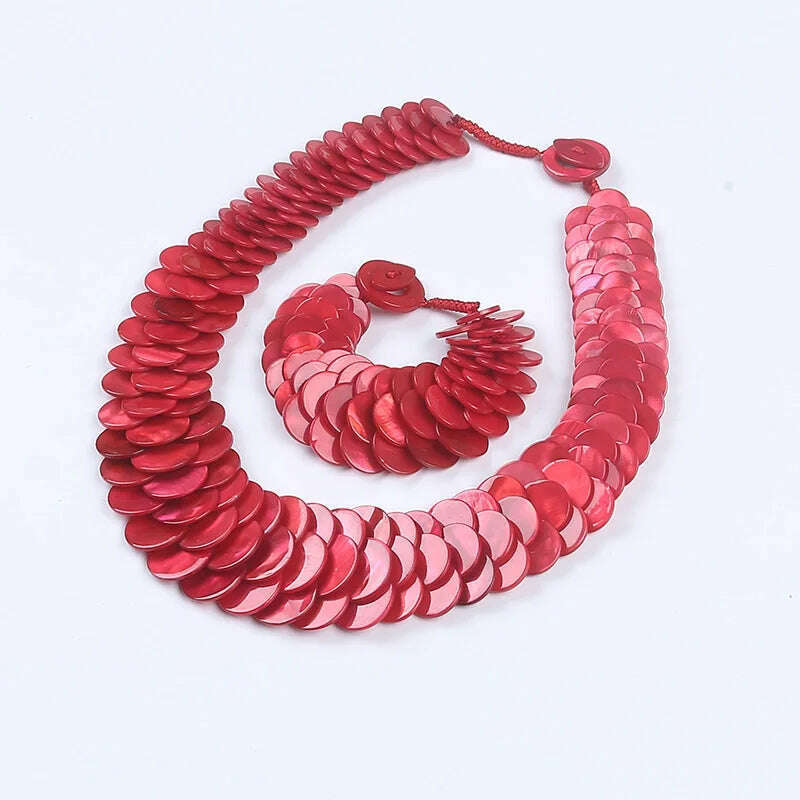 KIMLUD, Natural multi color fish scale shell necklace bracelet fashion statement shell jewelry set, red, KIMLUD Women's Clothes