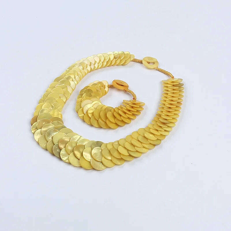 Natural multi color fish scale shell necklace bracelet fashion statement shell jewelry set - KIMLUD