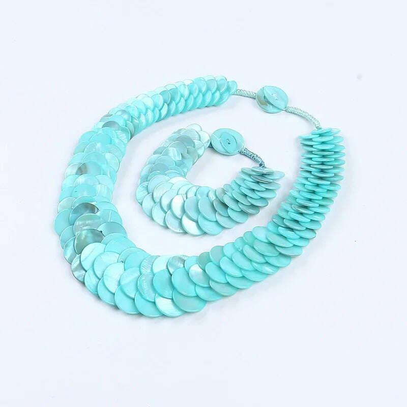 KIMLUD, Natural multi color fish scale shell necklace bracelet fashion statement shell jewelry set, Blue, KIMLUD Women's Clothes