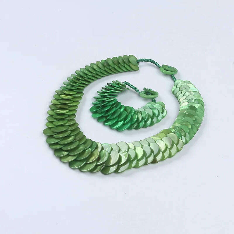 Natural multi color fish scale shell necklace bracelet fashion statement shell jewelry set - KIMLUD