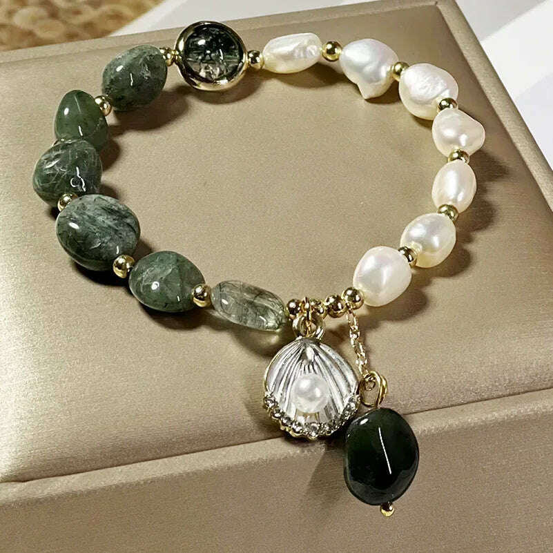 Natural Pearl Bracelet Green Crystal Original Design Women's Korean Bangles Student Friend Birthday Jewelry Handpiece - KIMLUD