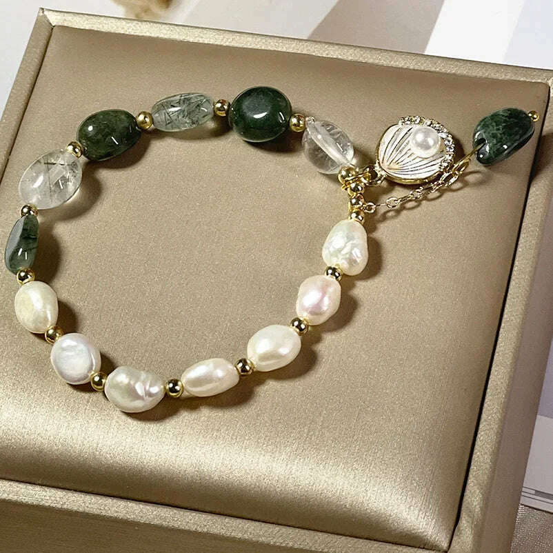 Natural Pearl Bracelet Green Crystal Original Design Women's Korean Bangles Student Friend Birthday Jewelry Handpiece - KIMLUD