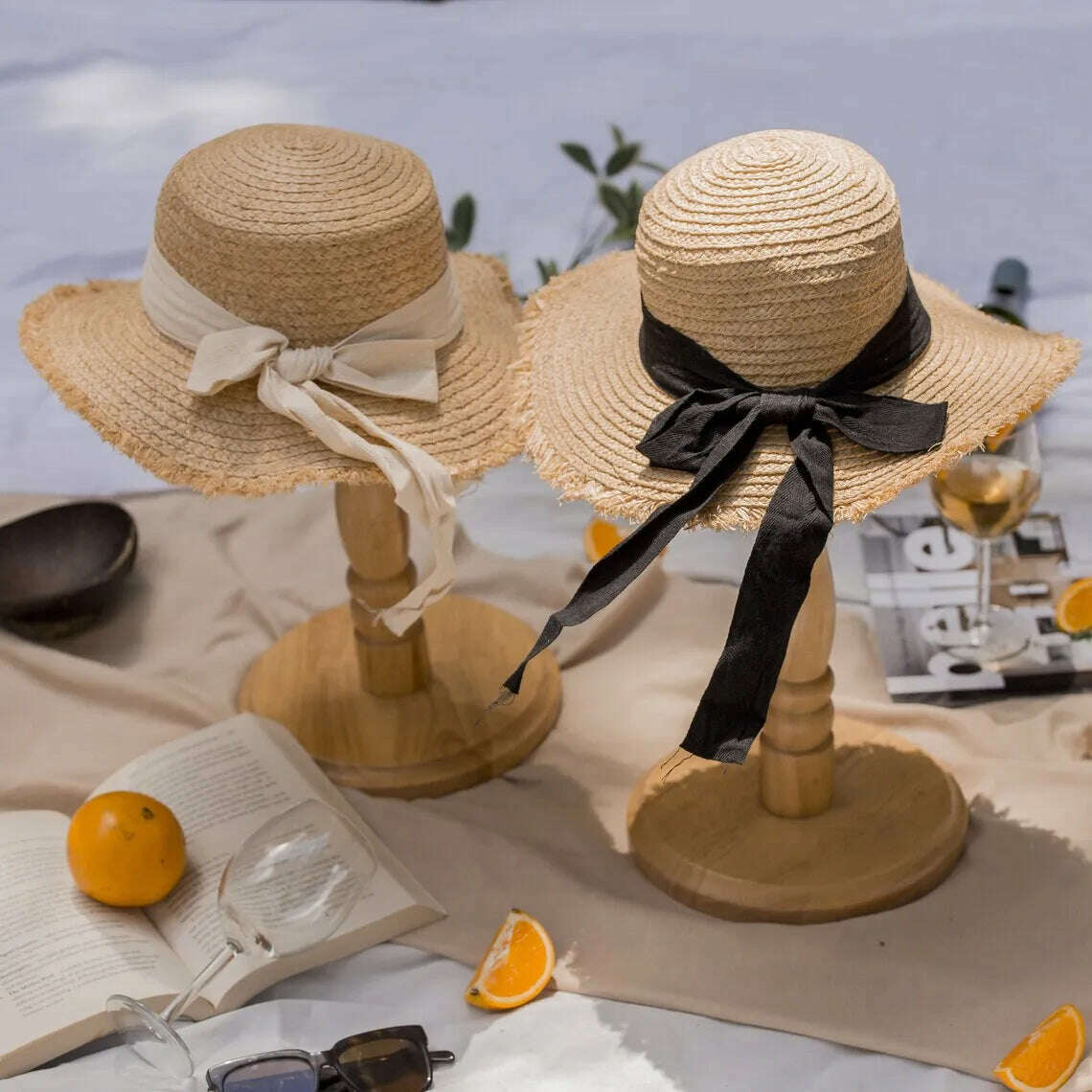 KIMLUD, Natural Raffia Hat Women Wide Brim Sun Protection Sun Hats Japanese Flat Top Ribbon Bowknot Straw Hat Ladies Casual Beach Cap, KIMLUD Womens Clothes