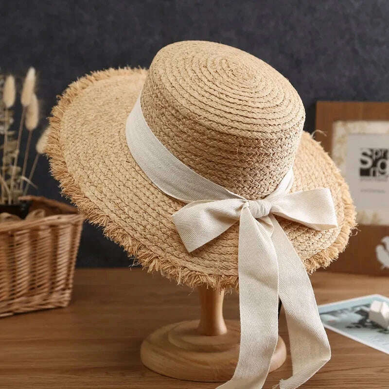 KIMLUD, Natural Raffia Hat Women Wide Brim Sun Protection Sun Hats Japanese Flat Top Ribbon Bowknot Straw Hat Ladies Casual Beach Cap, KIMLUD Womens Clothes