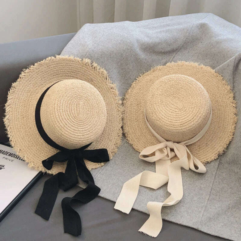 KIMLUD, Natural Raffia Hat Women Wide Brim Sun Protection Sun Hats Japanese Flat Top Ribbon Bowknot Straw Hat Ladies Casual Beach Cap, KIMLUD Womens Clothes