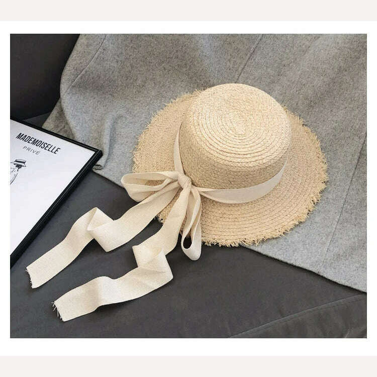 KIMLUD, Natural Raffia Hat Women Wide Brim Sun Protection Sun Hats Japanese Flat Top Ribbon Bowknot Straw Hat Ladies Casual Beach Cap, White bow / 55-60cm, KIMLUD Womens Clothes