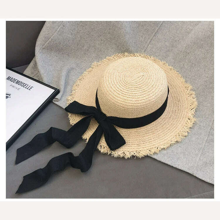 KIMLUD, Natural Raffia Hat Women Wide Brim Sun Protection Sun Hats Japanese Flat Top Ribbon Bowknot Straw Hat Ladies Casual Beach Cap, BlackBowKnot / 55-60cm, KIMLUD Womens Clothes