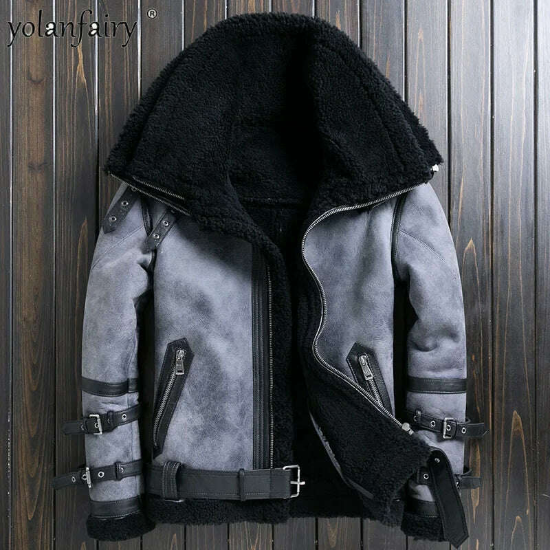 KIMLUD, Natural Sheep Fur Coat Men's Winter New Fashion Motorcycle Jacket Double Layered Collar Gray Fur Jackets Zipper Warm Outwears FC, KIMLUD Womens Clothes