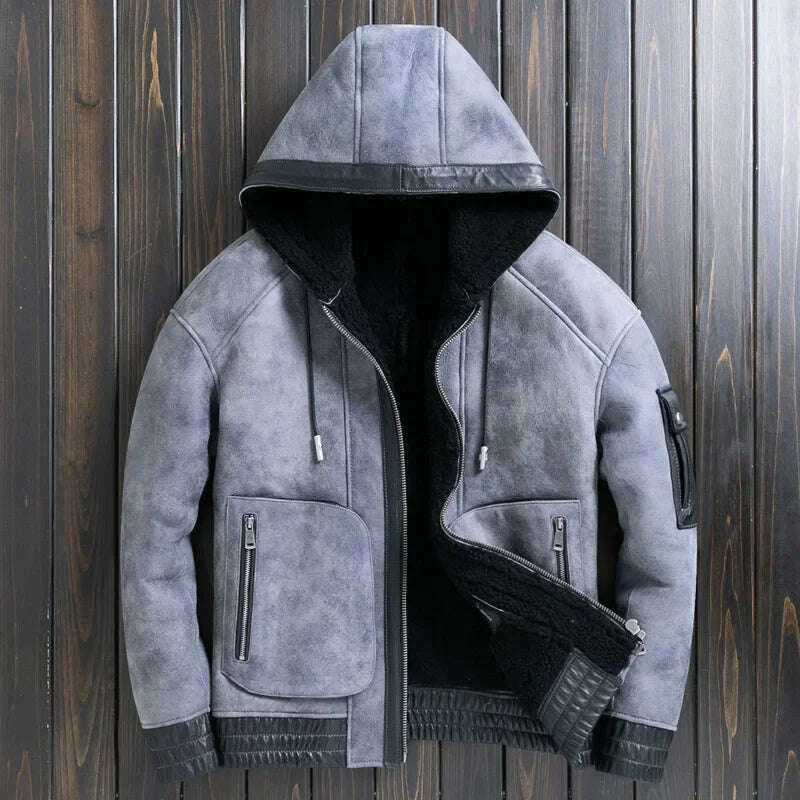 KIMLUD, Natural Sheep Fur Coat Men's Winter New Fashion Motorcycle Jacket Double Layered Collar Gray Fur Jackets Zipper Warm Outwears FC, JM2066 grey / L, KIMLUD Womens Clothes