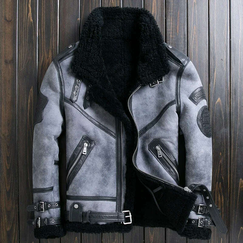 KIMLUD, Natural Sheep Fur Coat Men's Winter New Fashion Motorcycle Jacket Double Layered Collar Gray Fur Jackets Zipper Warm Outwears FC, KIMLUD Womens Clothes