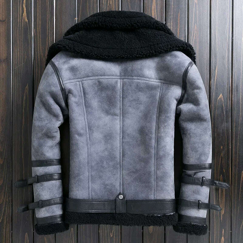Natural Sheep Fur Coat Men's Winter New Fashion Motorcycle Jacket Double Layered Collar Gray Fur Jackets Zipper Warm Outwears FC, KIMLUD Women's Clothes