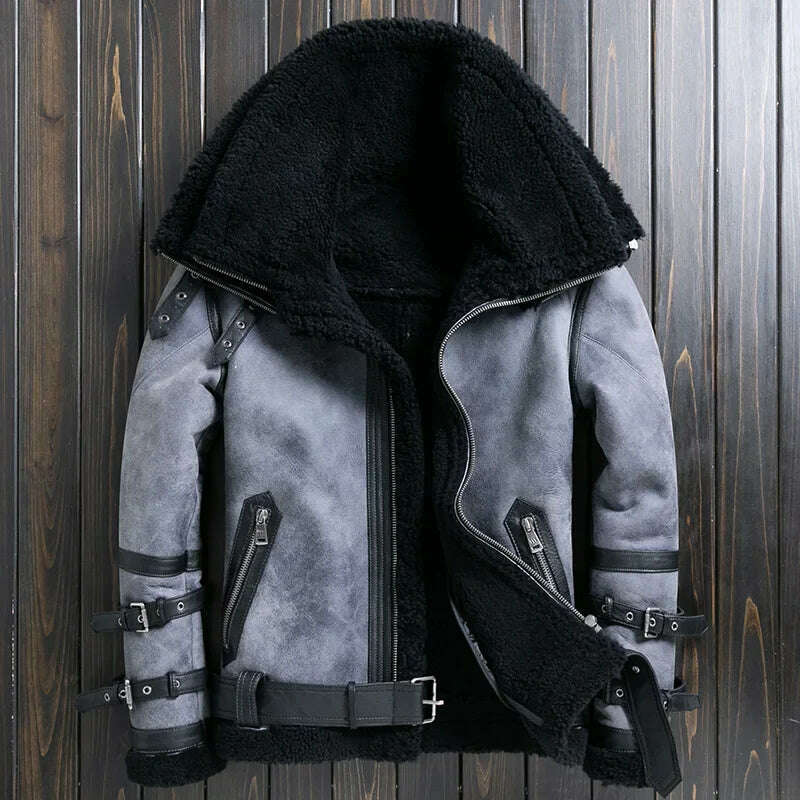 KIMLUD, Natural Sheep Fur Coat Men's Winter New Fashion Motorcycle Jacket Double Layered Collar Gray Fur Jackets Zipper Warm Outwears FC, JM1026 grey / L, KIMLUD Womens Clothes