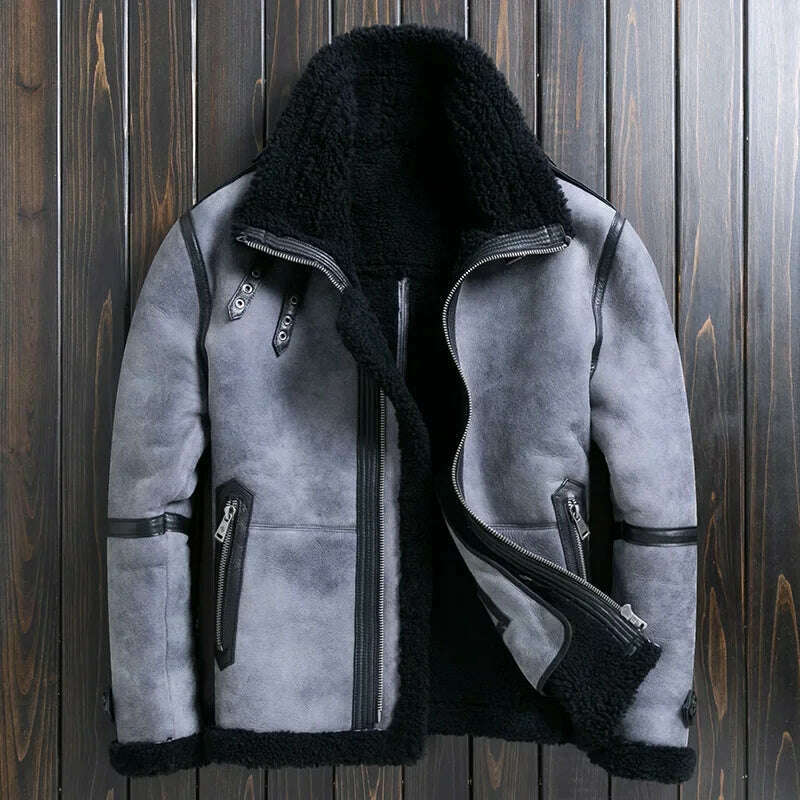 Natural Sheep Fur Coat Men's Winter New Fashion Motorcycle Jacket Double Layered Collar Gray Fur Jackets Zipper Warm Outwears FC, JM1019 grey / M, KIMLUD Women's Clothes