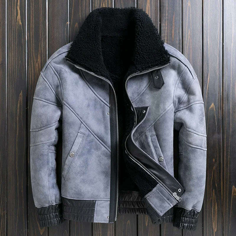 Natural Sheep Fur Coat Men's Winter New Fashion Motorcycle Jacket Double Layered Collar Gray Fur Jackets Zipper Warm Outwears FC, JM6061 grey / M, KIMLUD Women's Clothes