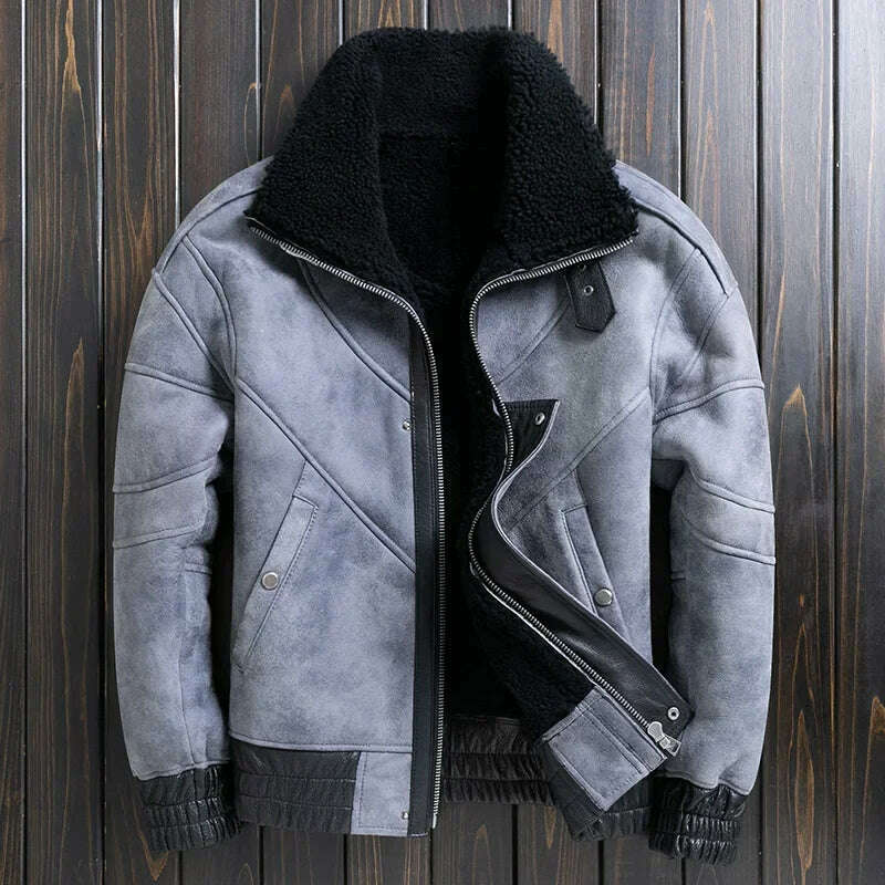 KIMLUD, Natural Sheep Fur Coat Men's Winter New Fashion Motorcycle Jacket Double Layered Collar Gray Fur Jackets Zipper Warm Outwears FC, KIMLUD Womens Clothes