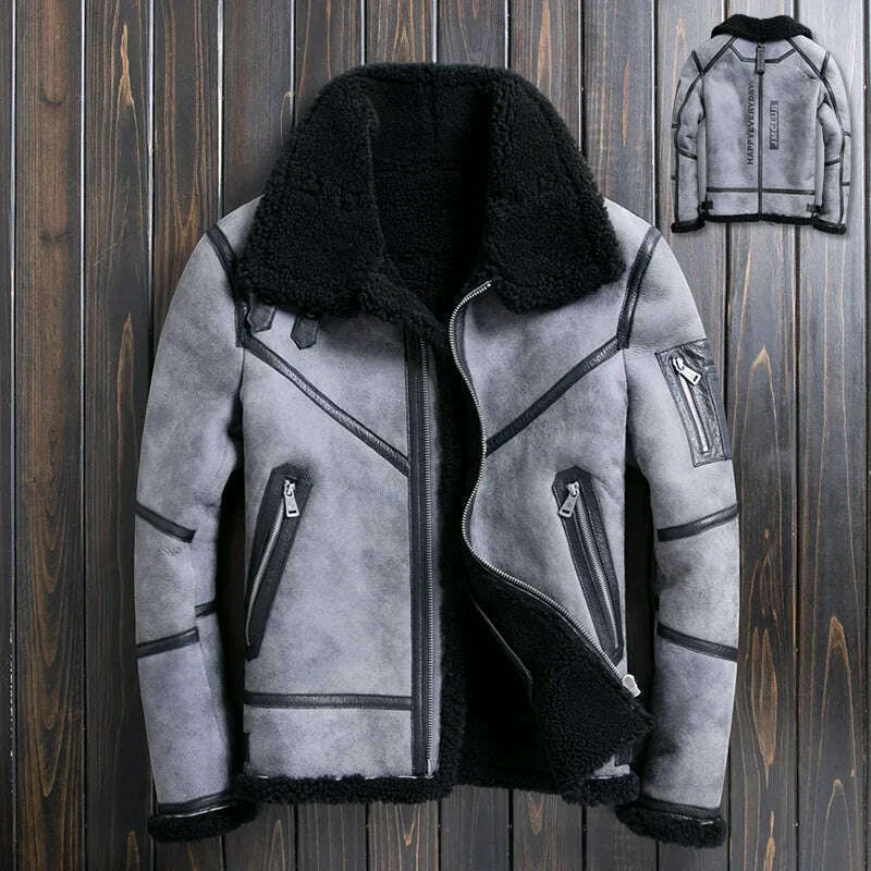 KIMLUD, Natural Sheep Fur Coat Men's Winter New Fashion Motorcycle Jacket Double Layered Collar Gray Fur Jackets Zipper Warm Outwears FC, JM9939 grey / M, KIMLUD Womens Clothes