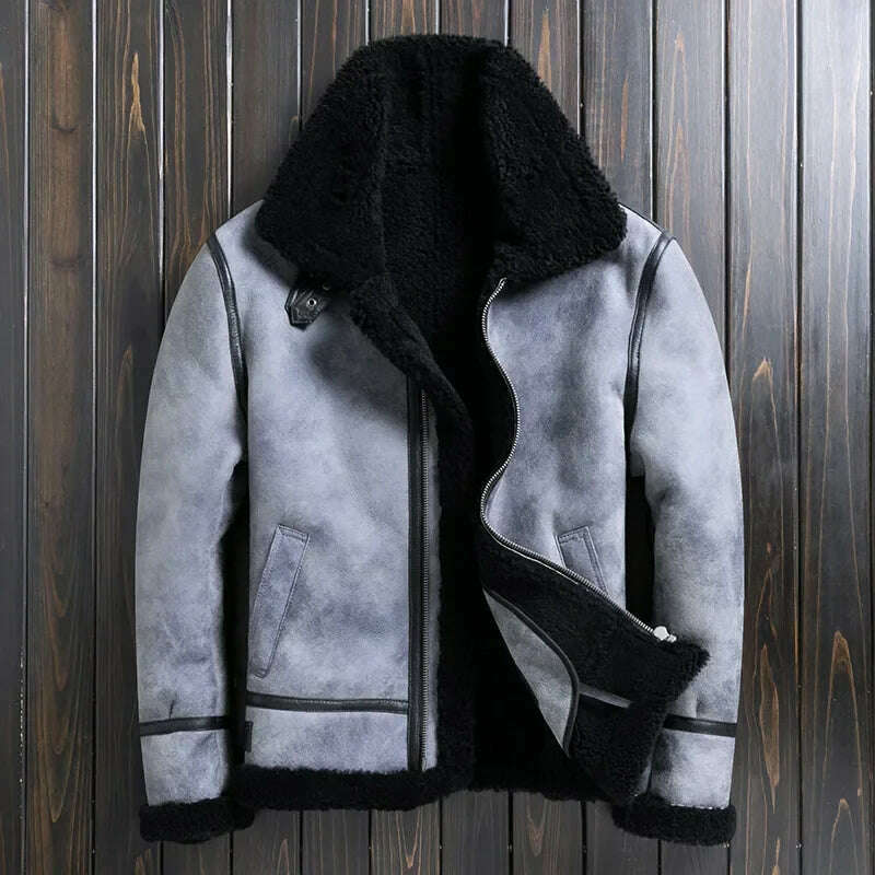 Natural Sheep Fur Coat Men's Winter New Fashion Motorcycle Jacket Double Layered Collar Gray Fur Jackets Zipper Warm Outwears FC, JM1018 grey / M, KIMLUD Women's Clothes