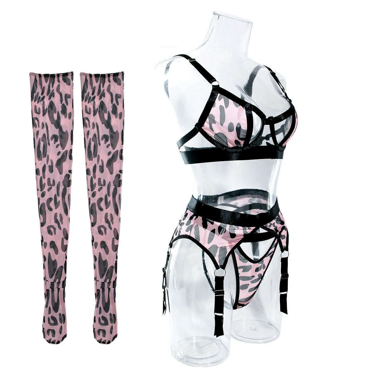 Naughty Sexy Hollow Out Pink Leopard Pattern Mesh Gauze Erotic Lingerie Bra and Thong Garter 4pcs Boudoir Sets with Stockings - KIMLUD
