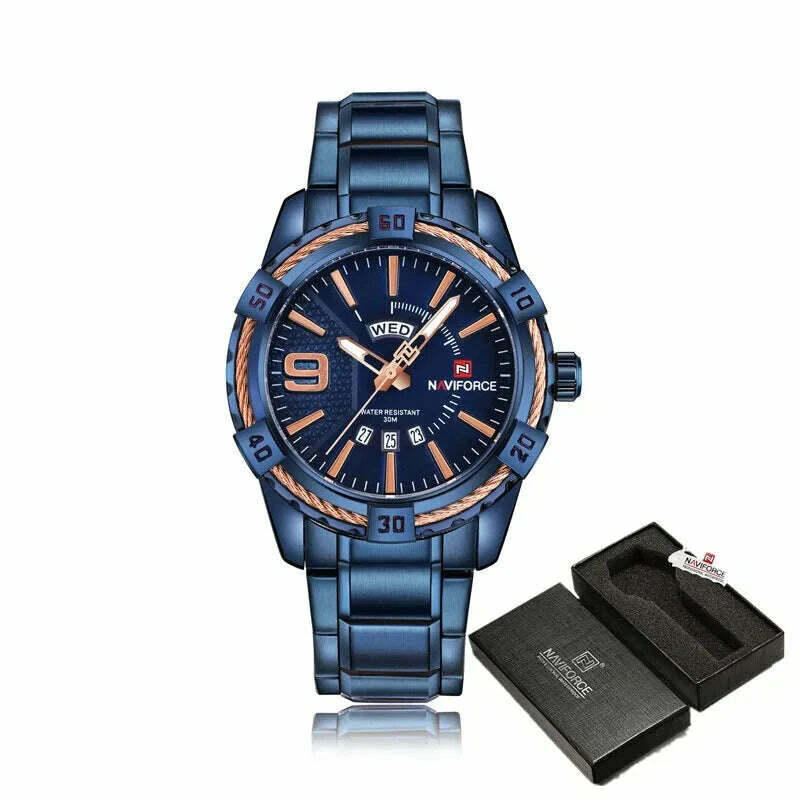 KIMLUD, NAVIFORCE Luxury Brand Men&#39;s WristWatch Original Fashion Quartz Classic Watches For Men Waterproof Business Steel Band Clock Man, BEBE BOX / China, KIMLUD Women's Clothes