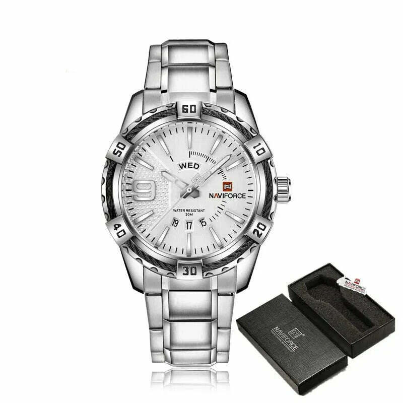 KIMLUD, NAVIFORCE Luxury Brand Men&#39;s WristWatch Original Fashion Quartz Classic Watches For Men Waterproof Business Steel Band Clock Man, SW BOX / China, KIMLUD Women's Clothes