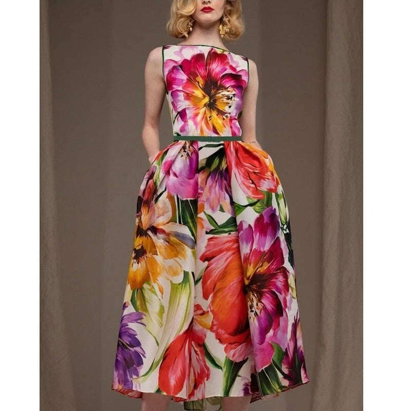 KIMLUD, neck Knee-length Skirt Women&#39;s Everyday Street Short-sleeved Skirt Fashion Floral Print Party Skirt Loose Dress, KIMLUD Womens Clothes