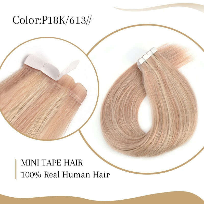 KIMLUD, Neitsi Mini Tape In Human Hair Extensions Invisible Skin Weft Adhesive Grey Color 100% Natural Straight Real Hair Tape Ins 10pcs, #P18/613 / 10 pcs / 12 inches, KIMLUD Womens Clothes