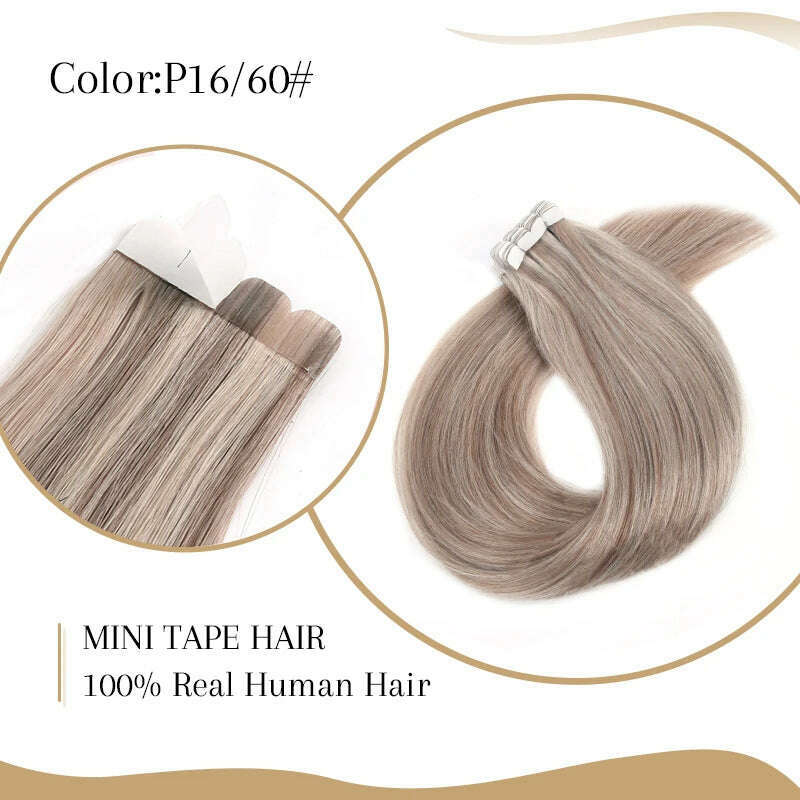 KIMLUD, Neitsi Mini Tape In Human Hair Extensions Invisible Skin Weft Adhesive Grey Color 100% Natural Straight Real Hair Tape Ins 10pcs, P16/60 / 10 pcs / 12 inches, KIMLUD Womens Clothes