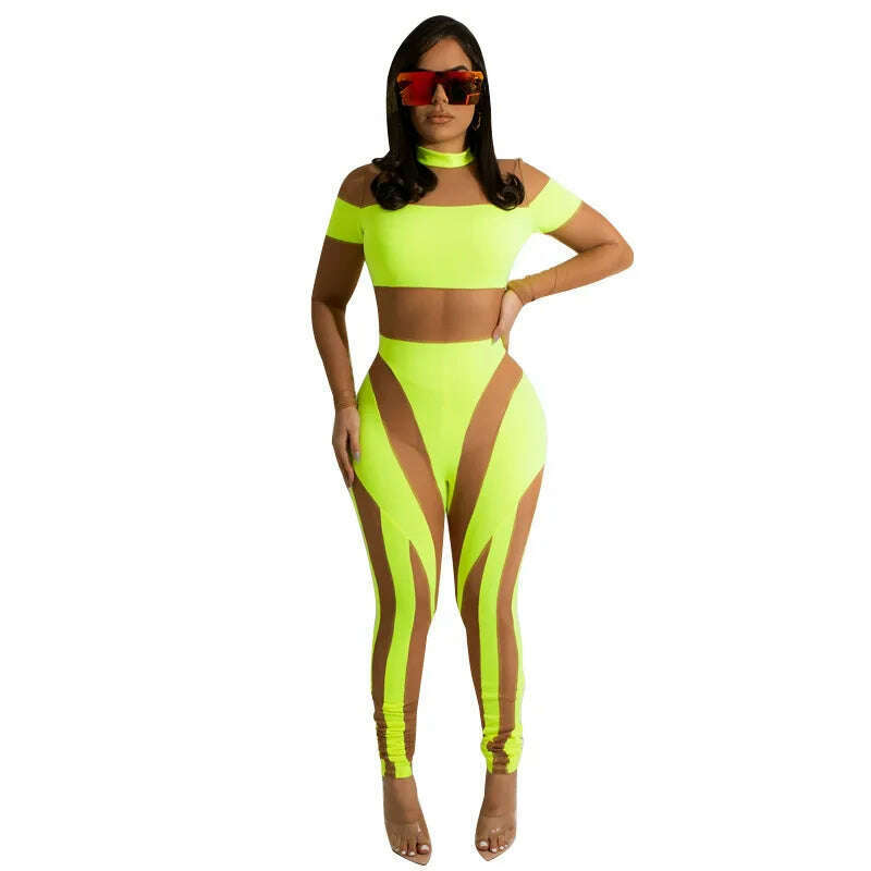 KIMLUD, Neon Color Rompers Women Sexy Sheer Mesh See Through Skinny Jumpsuits 2022 Summer Sleeveless Night Club Party One Piece Overalls, Yellow / S / United States, KIMLUD Women's Clothes