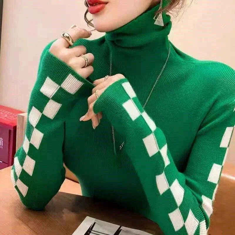 KIMLUD, Neploe 2022 Autumn New All-match Sweaters Women Simple Turtleneck Bottoming Tops Women Y2k Long Sleeve Knitted Pullover, green / S, KIMLUD Womens Clothes