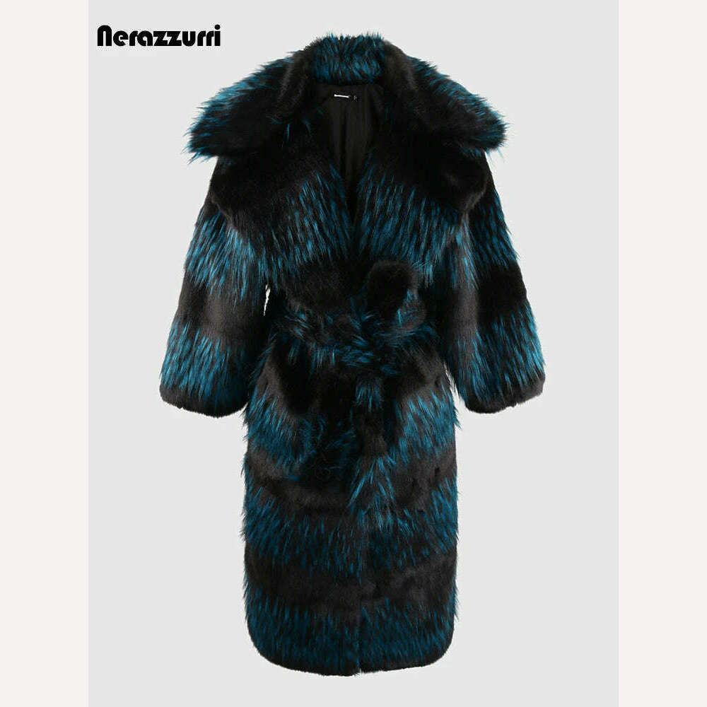 KIMLUD, Nerazzurri Winter Long Thick Warm Colorful Fluffy Faux Fox Fur Coat Women Sashes Luxury Designer Clothes Furry Overcoat 2024, KIMLUD Womens Clothes