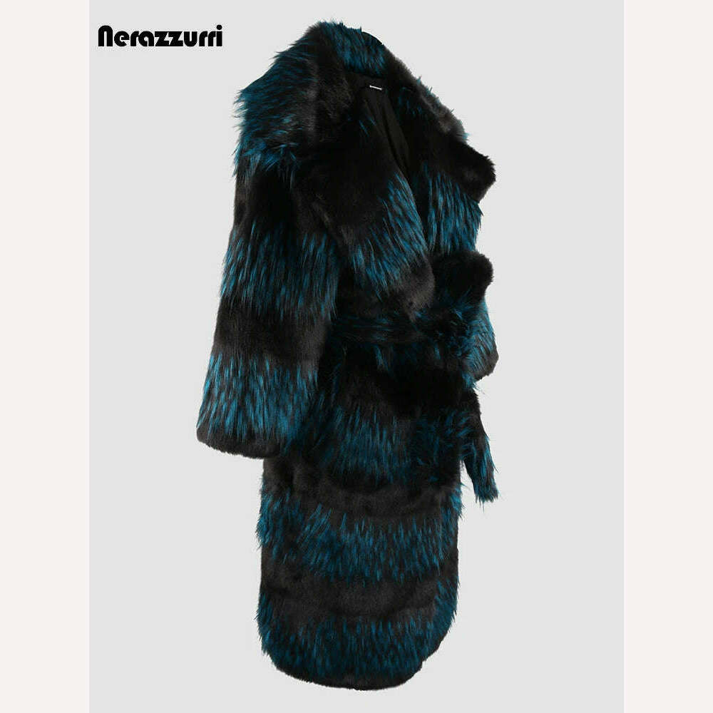 KIMLUD, Nerazzurri Winter Long Thick Warm Colorful Fluffy Faux Fox Fur Coat Women Sashes Luxury Designer Clothes Furry Overcoat 2024, KIMLUD Womens Clothes