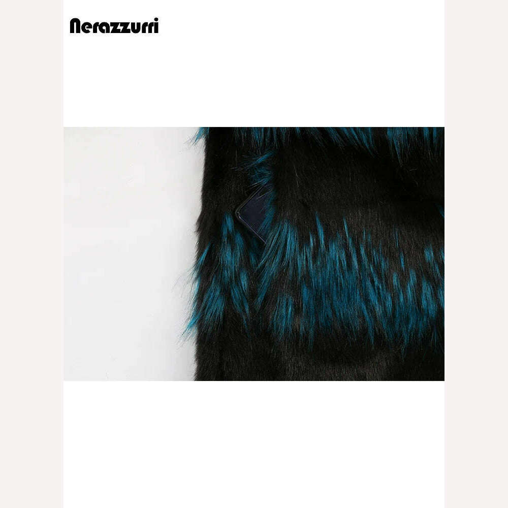 KIMLUD, Nerazzurri Winter Long Thick Warm Colorful Fluffy Faux Fox Fur Coat Women Sashes Luxury Designer Clothes Furry Overcoat 2024, KIMLUD Womens Clothes
