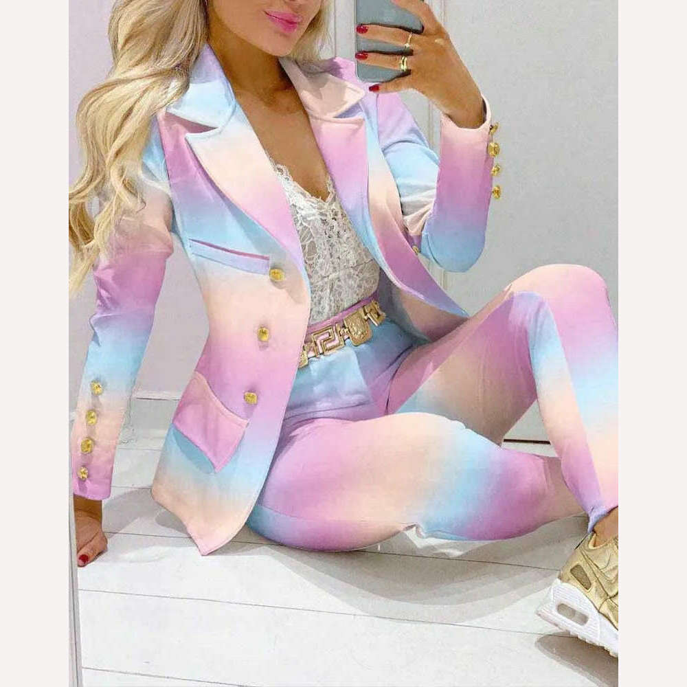 New 2023 Formal Office Pant Sets Women 2PCS Double Breasted Solid Blazers Jacket and Pants Two Pieces Set Female Pant Suits Sets - KIMLUD