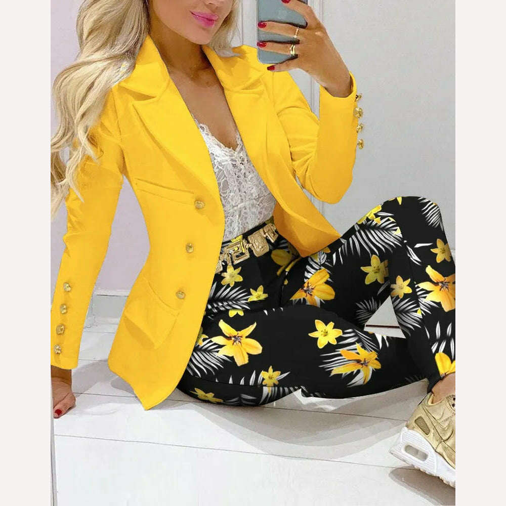 KIMLUD, New 2023 Formal Office Pant Sets Women 2PCS Double Breasted Solid Blazers Jacket and Pants Two Pieces Set Female Pant Suits Sets, Yellow Flower / S, KIMLUD Women's Clothes