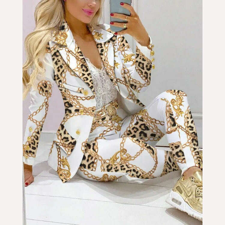 KIMLUD, New 2023 Formal Office Pant Sets Women 2PCS Double Breasted Solid Blazers Jacket and Pants Two Pieces Set Female Pant Suits Sets, White Chain / S, KIMLUD Women's Clothes