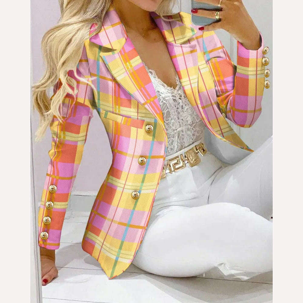 KIMLUD, New 2023 Formal Office Pant Sets Women 2PCS Double Breasted Solid Blazers Jacket and Pants Two Pieces Set Female Pant Suits Sets, Yellow Plaid / S, KIMLUD Women's Clothes