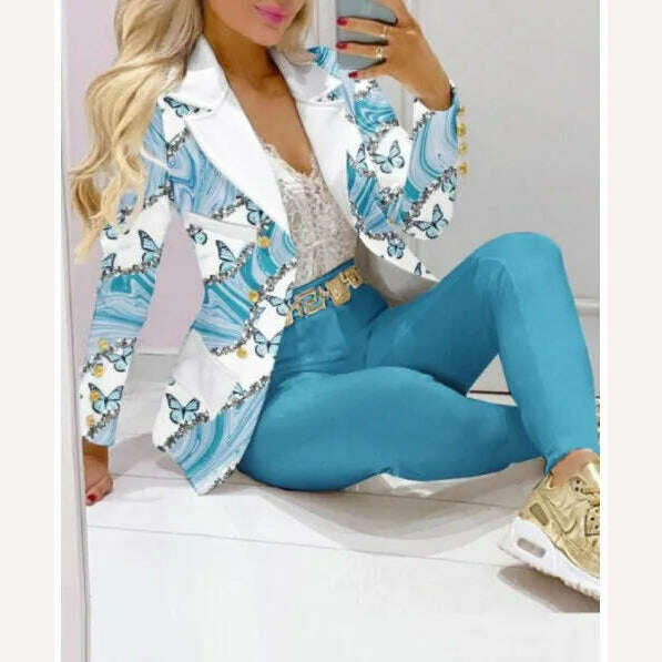KIMLUD, New 2023 Formal Office Pant Sets Women 2PCS Double Breasted Solid Blazers Jacket and Pants Two Pieces Set Female Pant Suits Sets, Blue Butterfly 1 / S, KIMLUD Women's Clothes