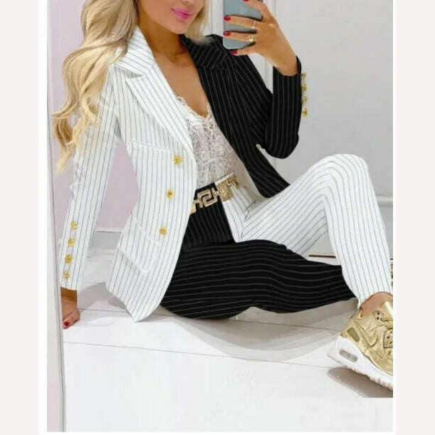 New 2023 Formal Office Pant Sets Women 2PCS Double Breasted Solid Blazers Jacket and Pants Two Pieces Set Female Pant Suits Sets - KIMLUD