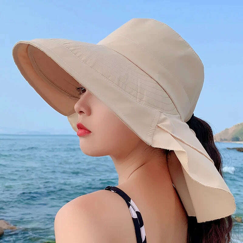 KIMLUD, New 2023 Women's Summer Hat for The Sun Wide Brim UV Neck Protection Solar Beach Hats Foldable Ponytail Travel Sun Panama Caps, Beige, KIMLUD Womens Clothes