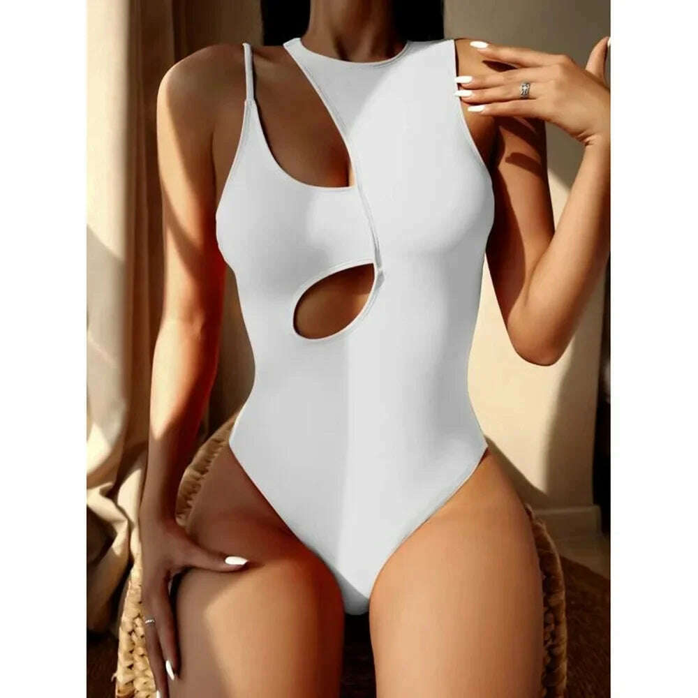 KIMLUD, New 2024 Women Sexy One Piece Bikinis Hollow Out Swimsuit for Gilrs Irregular Bodysuit Single Shoulder Strap Beach Outfits Women, White / M, KIMLUD Womens Clothes