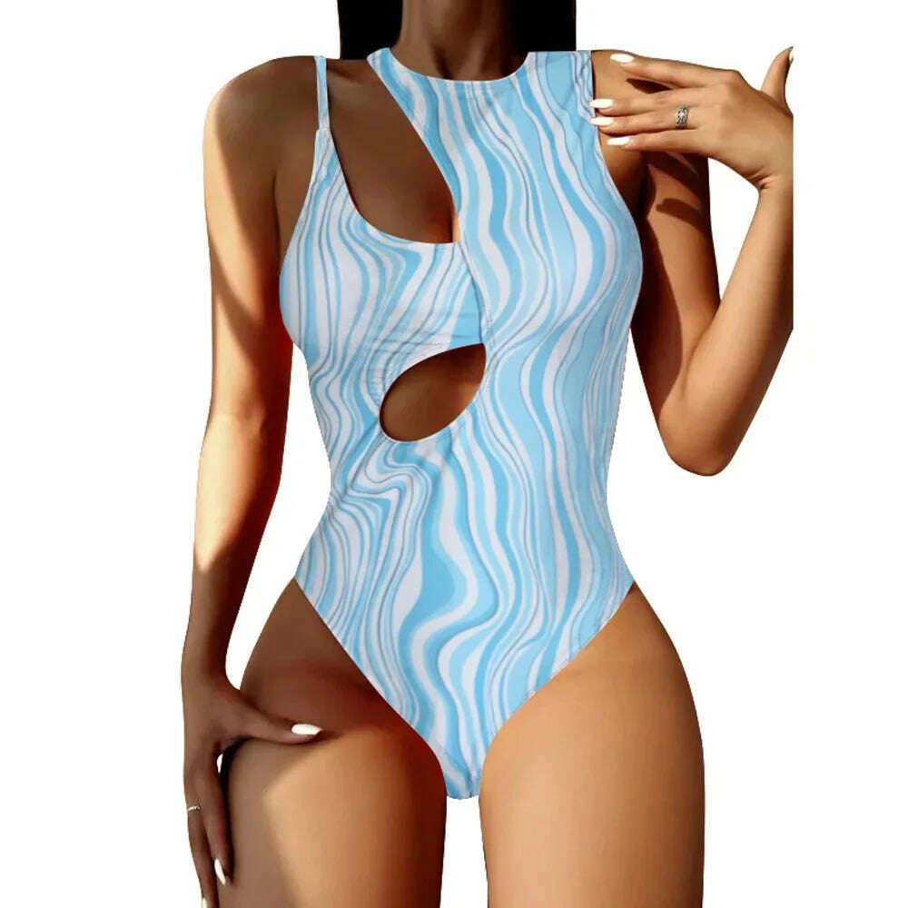 KIMLUD, New 2024 Women Sexy One Piece Bikinis Hollow Out Swimsuit for Gilrs Irregular Bodysuit Single Shoulder Strap Beach Outfits Women, Blue / M, KIMLUD Womens Clothes