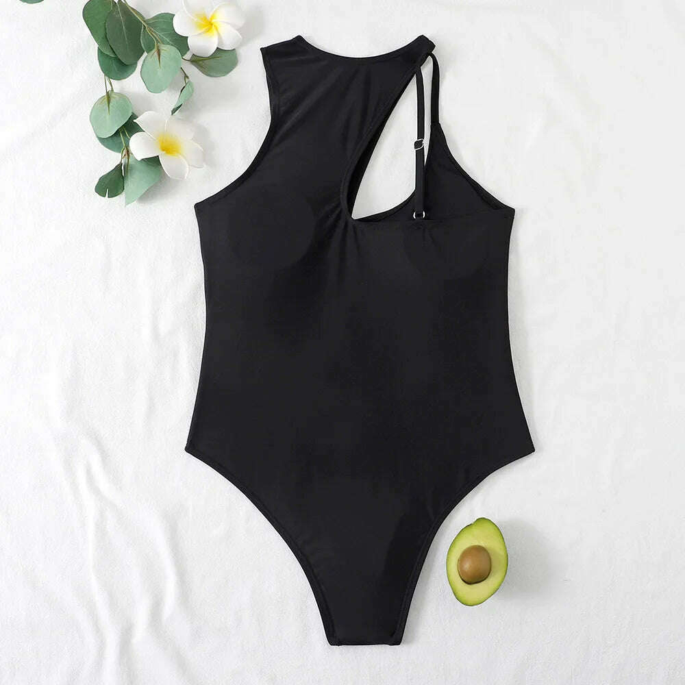 KIMLUD, New 2024 Women Sexy One Piece Bikinis Hollow Out Swimsuit for Gilrs Irregular Bodysuit Single Shoulder Strap Beach Outfits Women, KIMLUD Womens Clothes