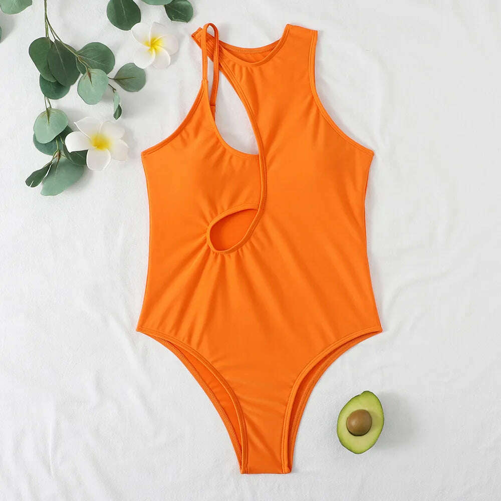 KIMLUD, New 2024 Women Sexy One Piece Bikinis Hollow Out Swimsuit for Gilrs Irregular Bodysuit Single Shoulder Strap Beach Outfits Women, KIMLUD Womens Clothes