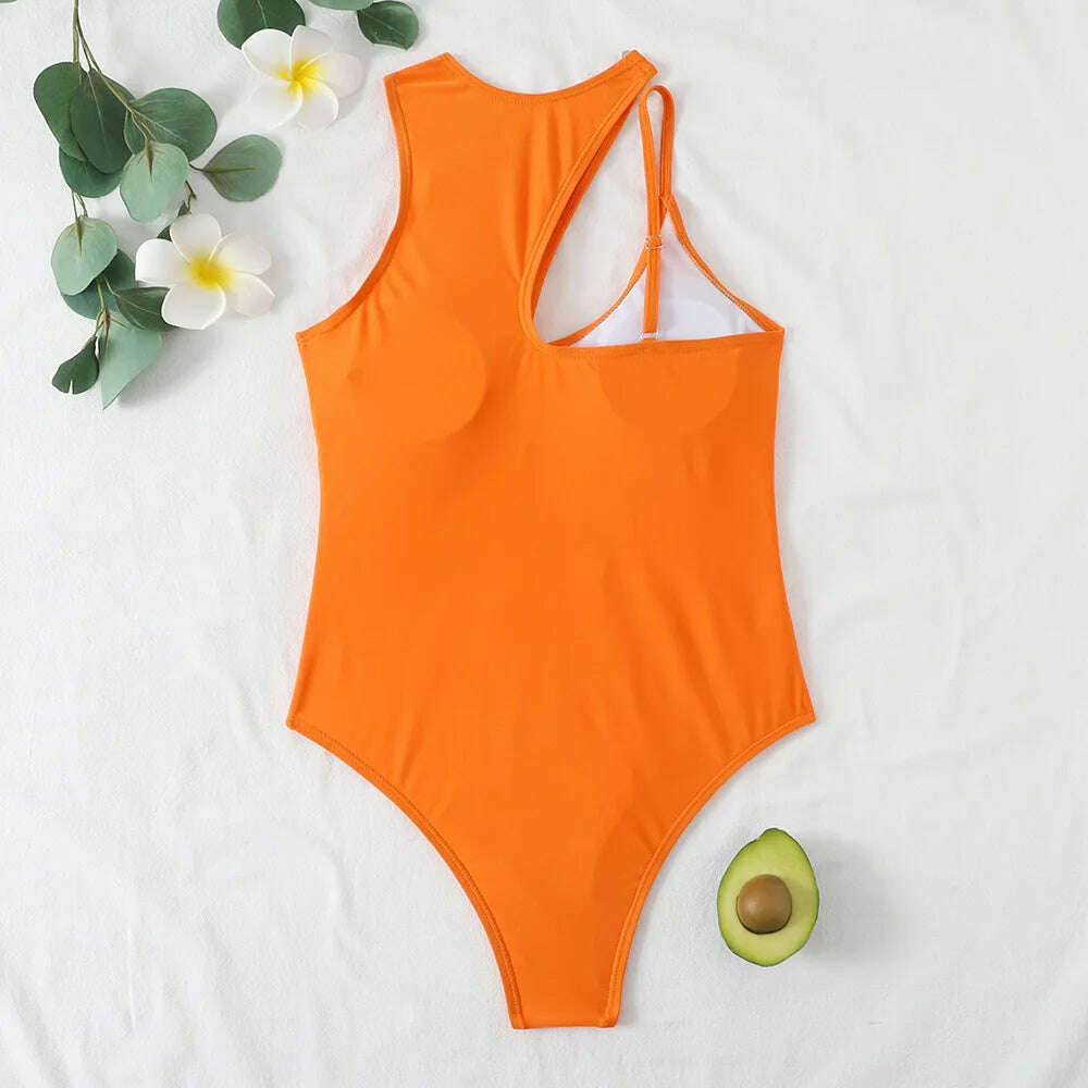 KIMLUD, New 2024 Women Sexy One Piece Bikinis Hollow Out Swimsuit for Gilrs Irregular Bodysuit Single Shoulder Strap Beach Outfits Women, KIMLUD Womens Clothes