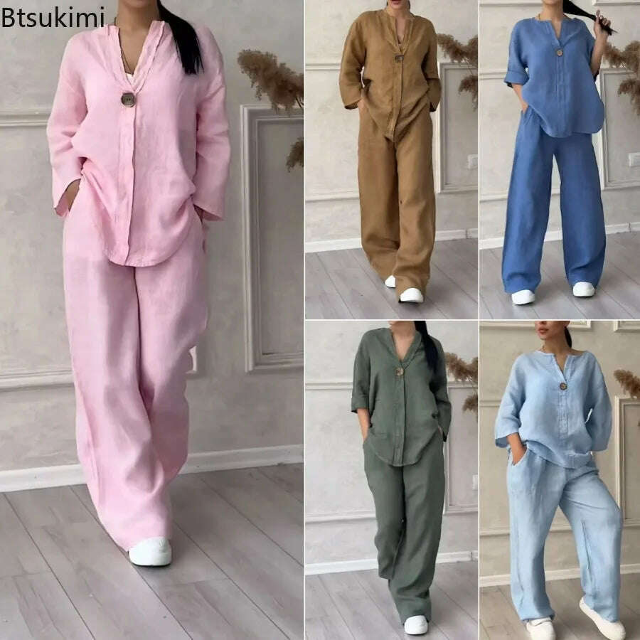 New 2024 Women's 2-piece Cotton Linen Pant Sets Solid Long Sleeve Shirt Top+ Wide-leg Trousers Two-piece Casual Loose Suit Sets - KIMLUD