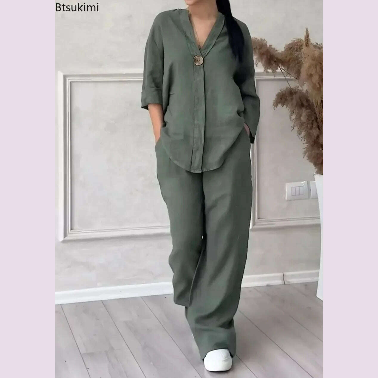 New 2024 Women's 2-piece Cotton Linen Pant Sets Solid Long Sleeve Shirt Top+ Wide-leg Trousers Two-piece Casual Loose Suit Sets - KIMLUD