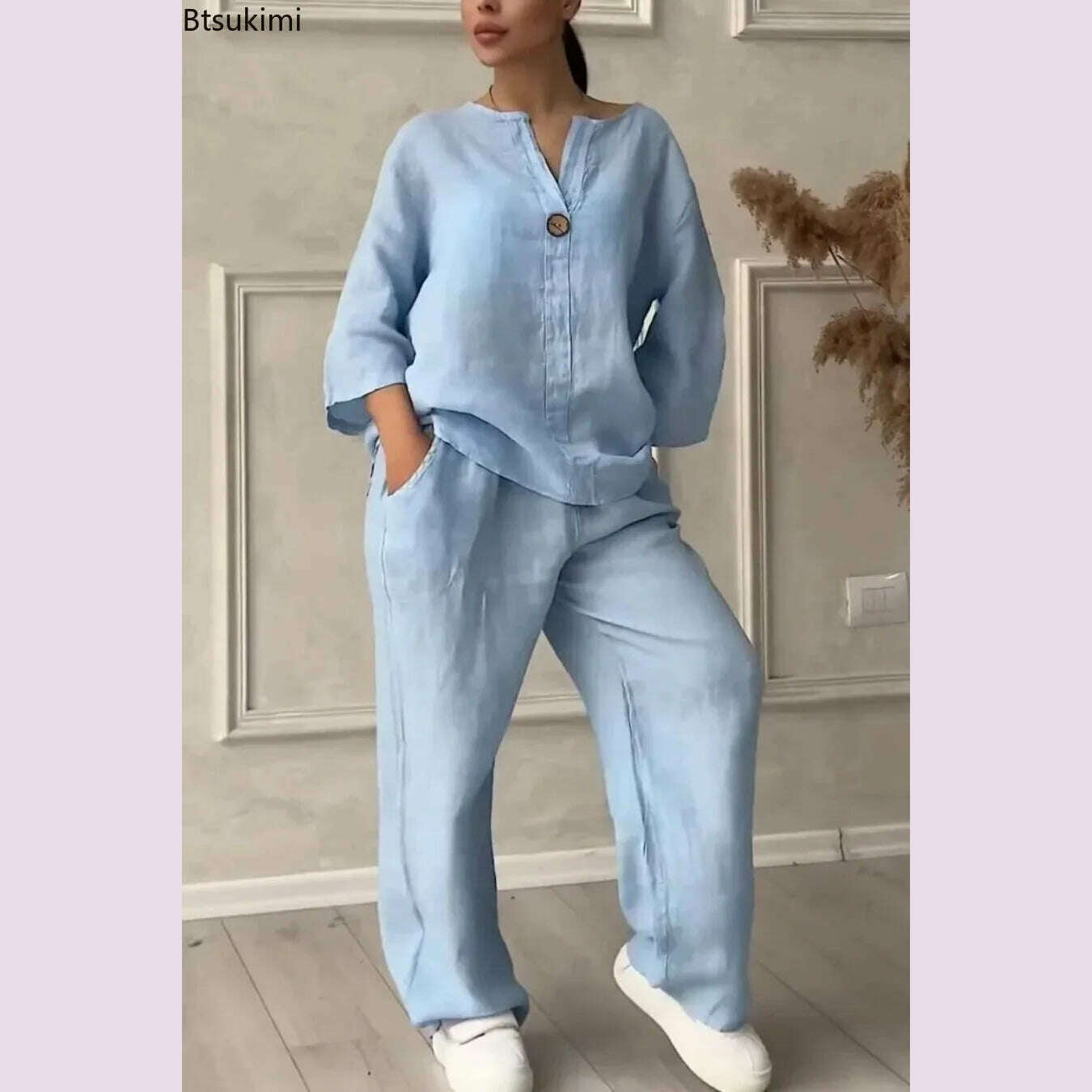 New 2024 Women's 2-piece Cotton Linen Pant Sets Solid Long Sleeve Shirt Top+ Wide-leg Trousers Two-piece Casual Loose Suit Sets - KIMLUD