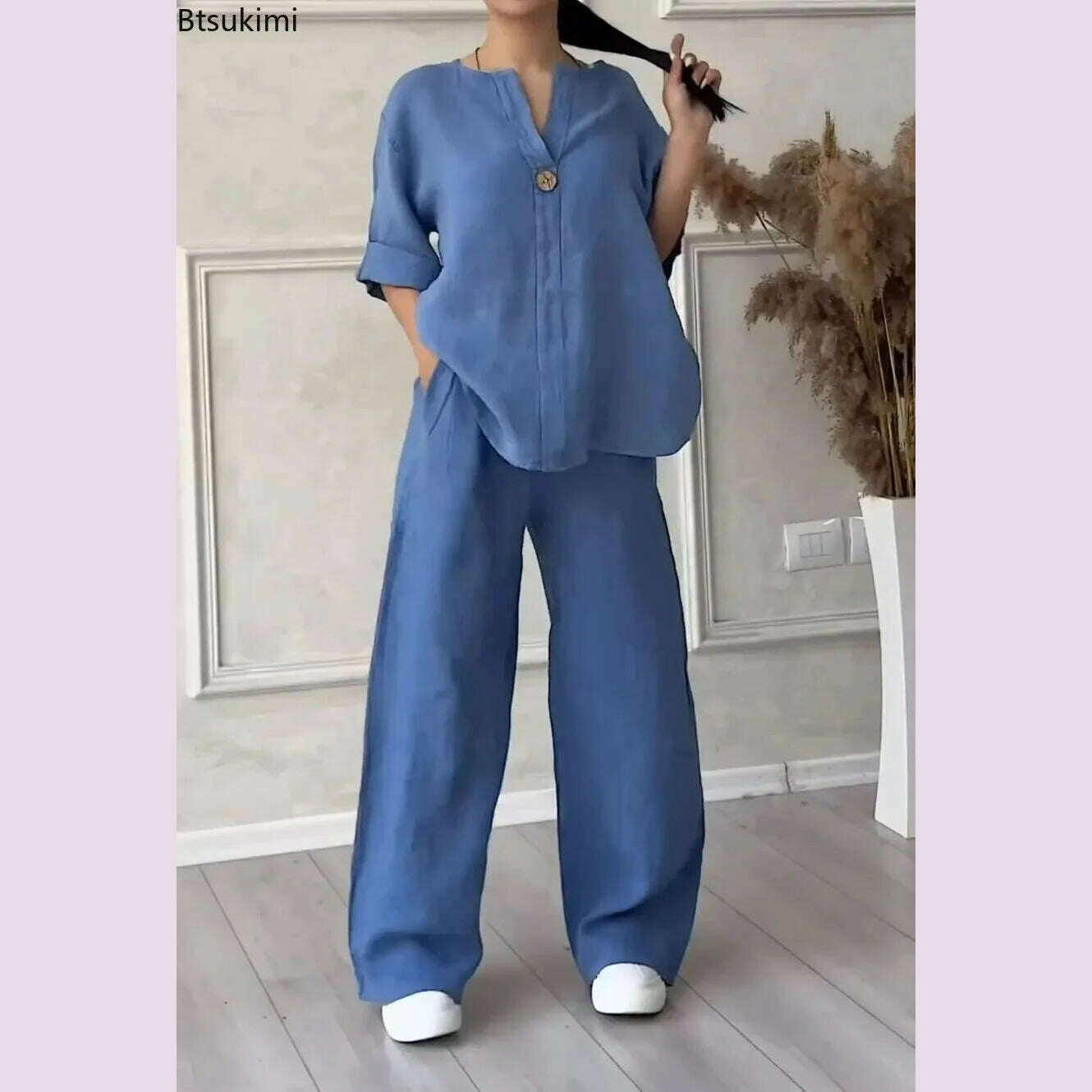 New 2024 Women's 2-piece Cotton Linen Pant Sets Solid Long Sleeve Shirt Top+ Wide-leg Trousers Two-piece Casual Loose Suit Sets - KIMLUD